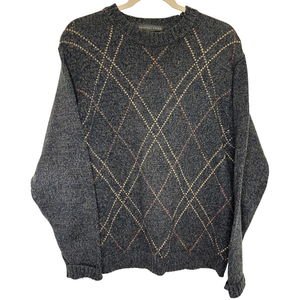 Geoffrey Beene Mens Navy Blue Argyle Cotton Cosby Grandpa Sweater  M